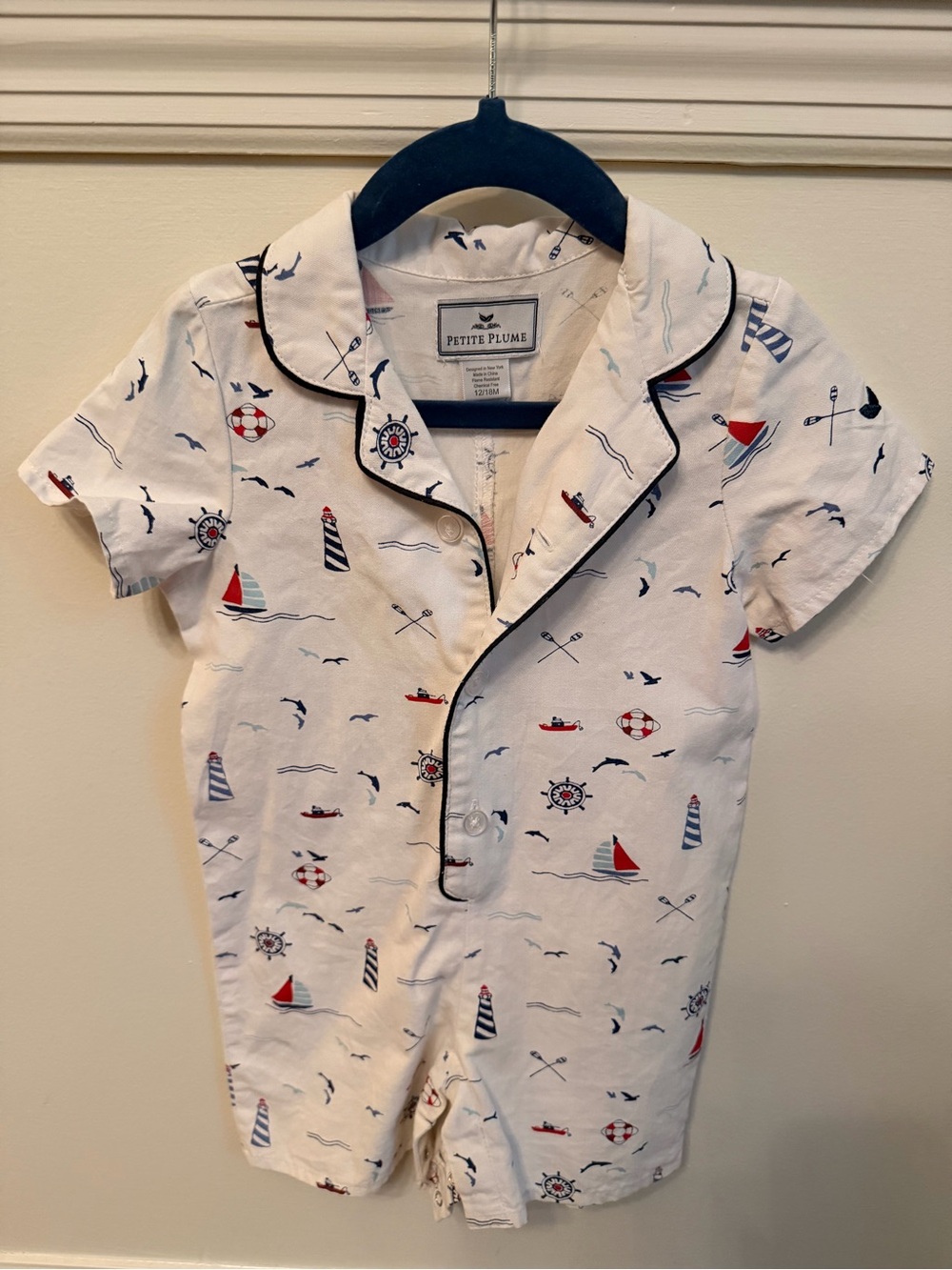 Petit Plume Nautical Print Baby Romper - White with Red & Navy 12/18M